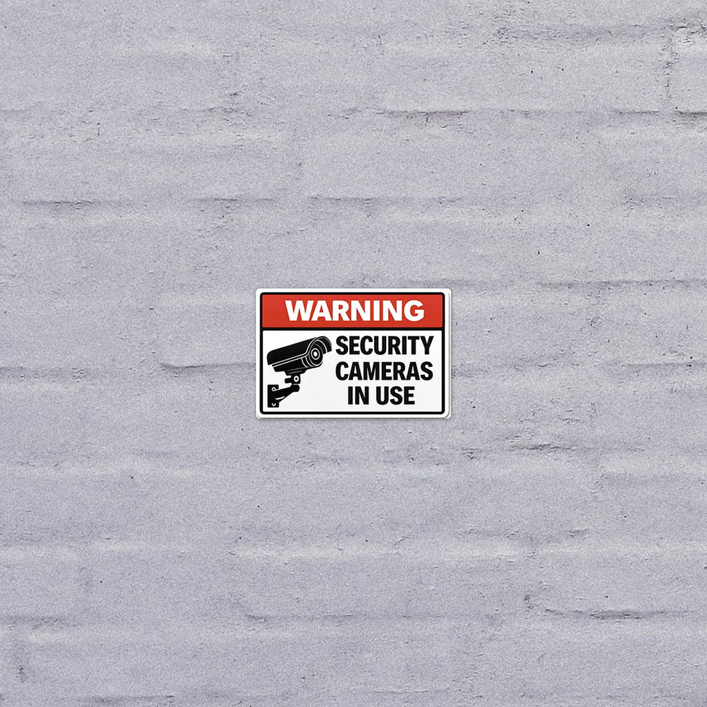 Security Camera Warning sticker on a painted brick wall