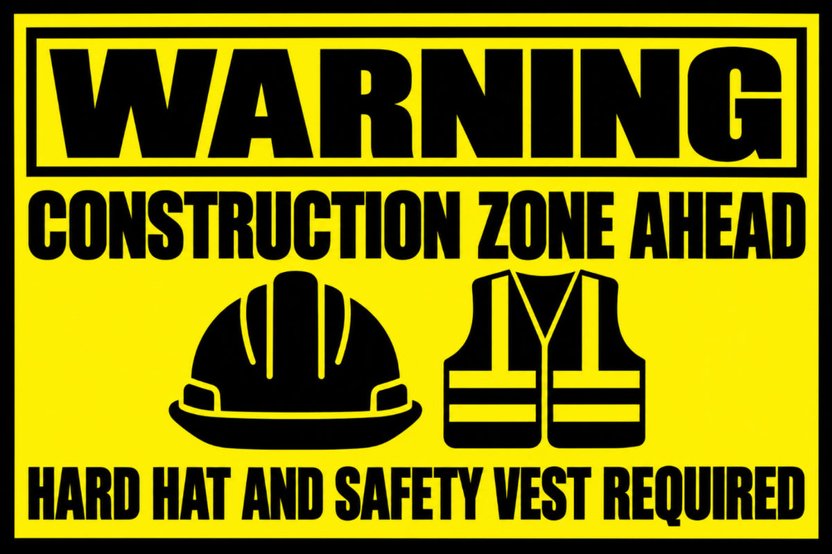 Warning Construction Zone Ahead Hard Hat Safety Vest 4x6 vinyl sticker