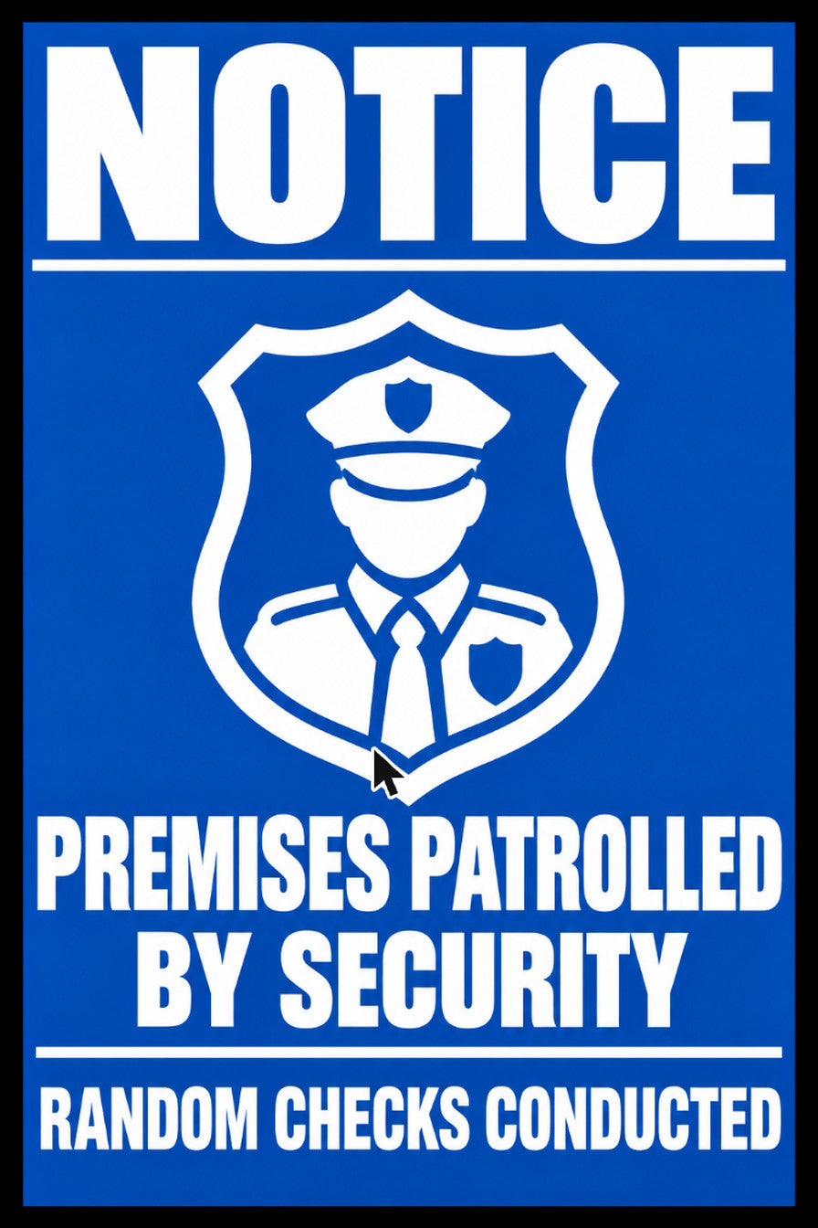Notice Premises Patrolled By Security Random Checks Conducted 4x6 vinyl sticker