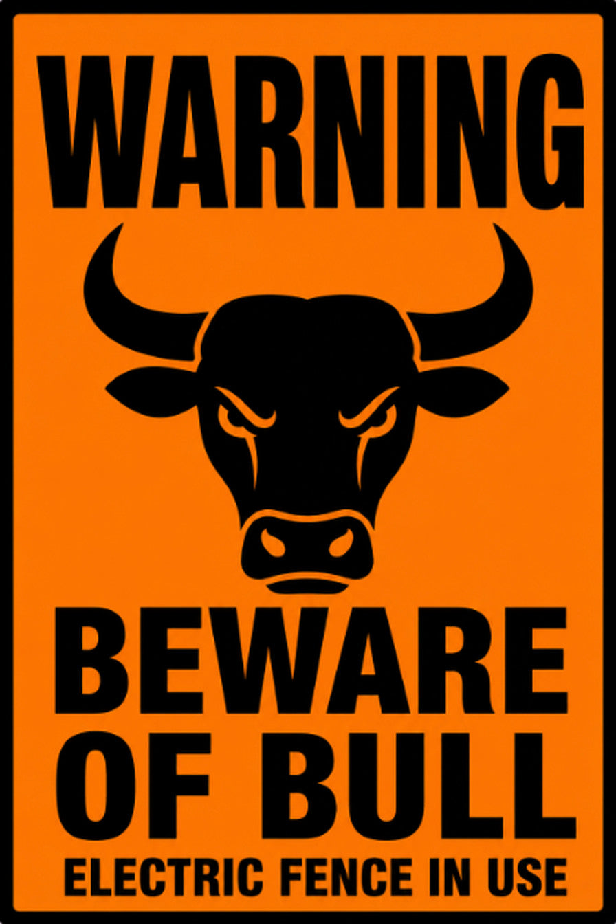 Warning Beware of Bull Electric Fence 4x6 vinyl sticker