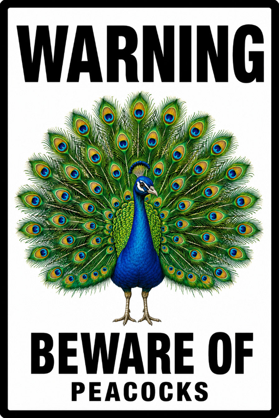Warning Beware of Peacocks 4x6 vinyl sticker
