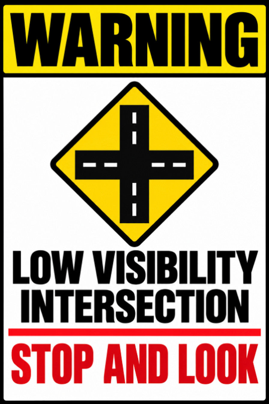 Warning Low Visibility Intersection Stop and Look 4x6 vinyl sticker