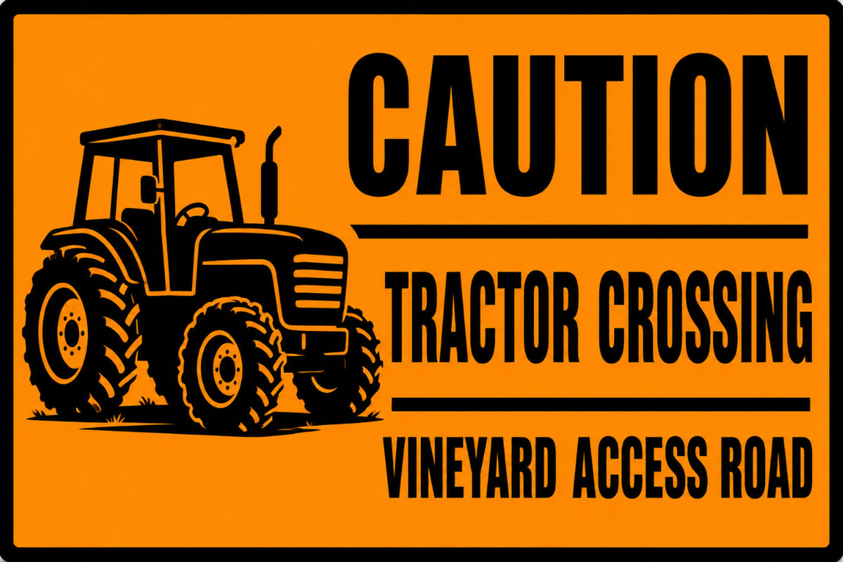 Caution Tractor Crossing Vineyard Access Road 4x6 vinyl sticker