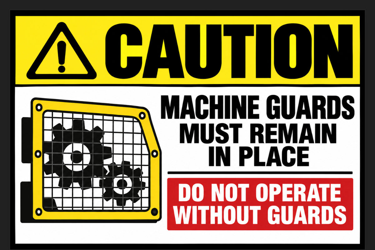 Caution Machine Guards Must Remain In Place 4x6 vinyl sticker