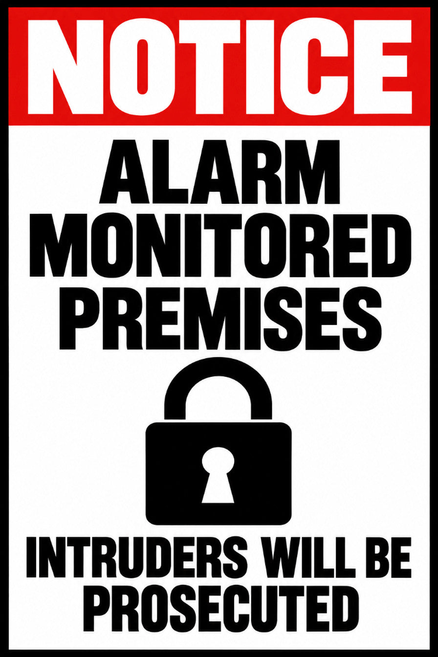 Notice Alarm Monitored Premises Intruders Will Be Prosecuted 4x6 vinyl sticker